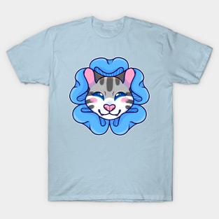 Striped Cat with Blue Flower T-Shirt